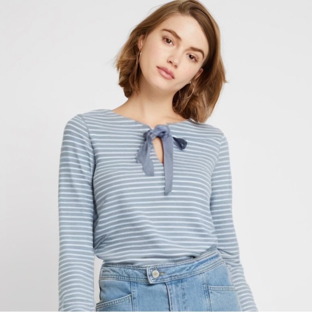 Chaps NWT Large Striped Tie Front Top Blouse Blue White Long Sleeve 100% Cotton